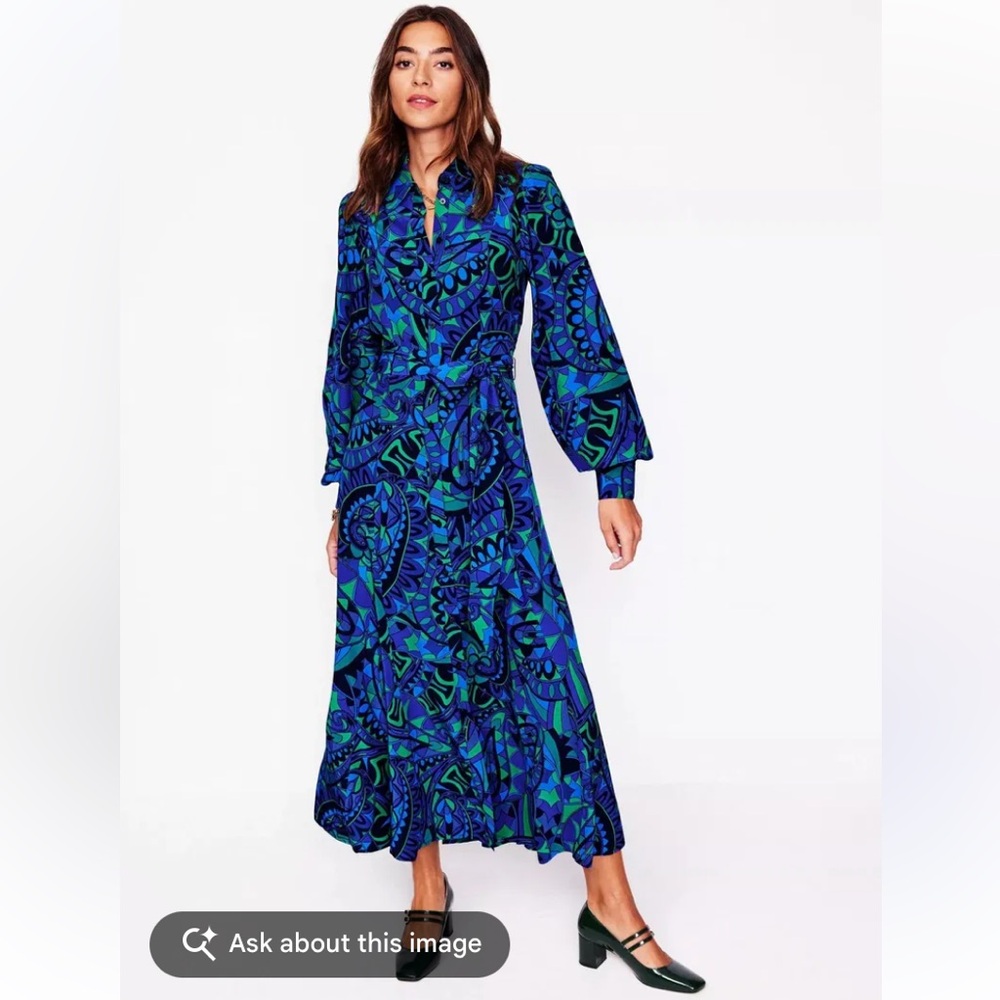 Boden Martha Godet Blue, Green, Purple Paisley Long-Sleeve Midi Dress